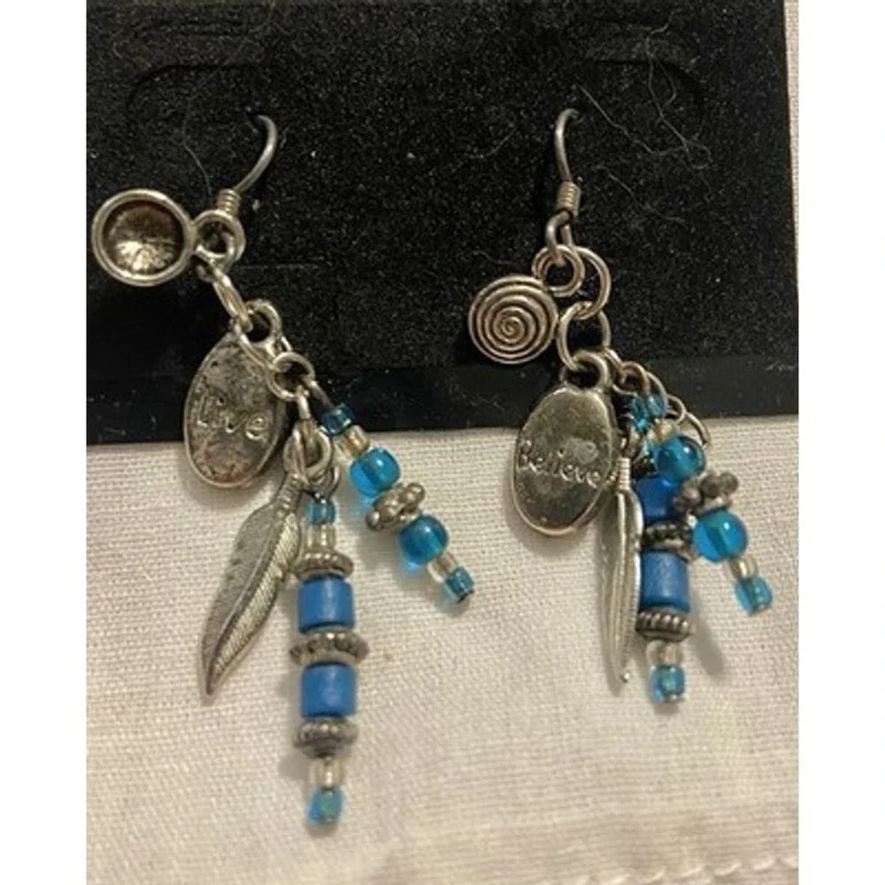 Girls Lady's Bohemian Boho Aqua Blue Bead Pierced Earrings 7cm